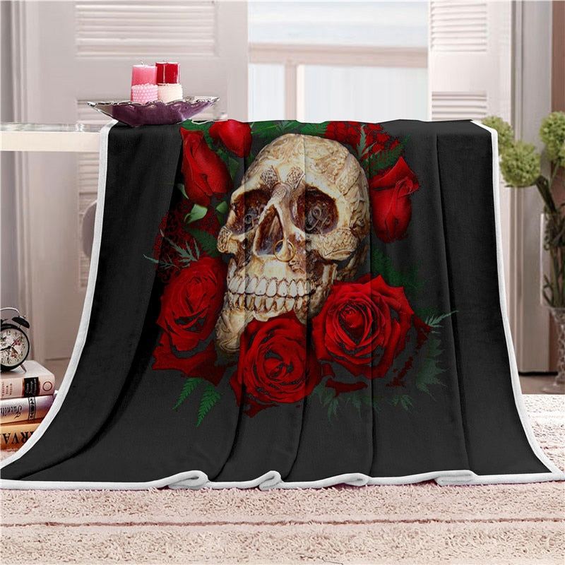 Red Rose Skull Blanket, Fleece Throw, Skull Head Blanket