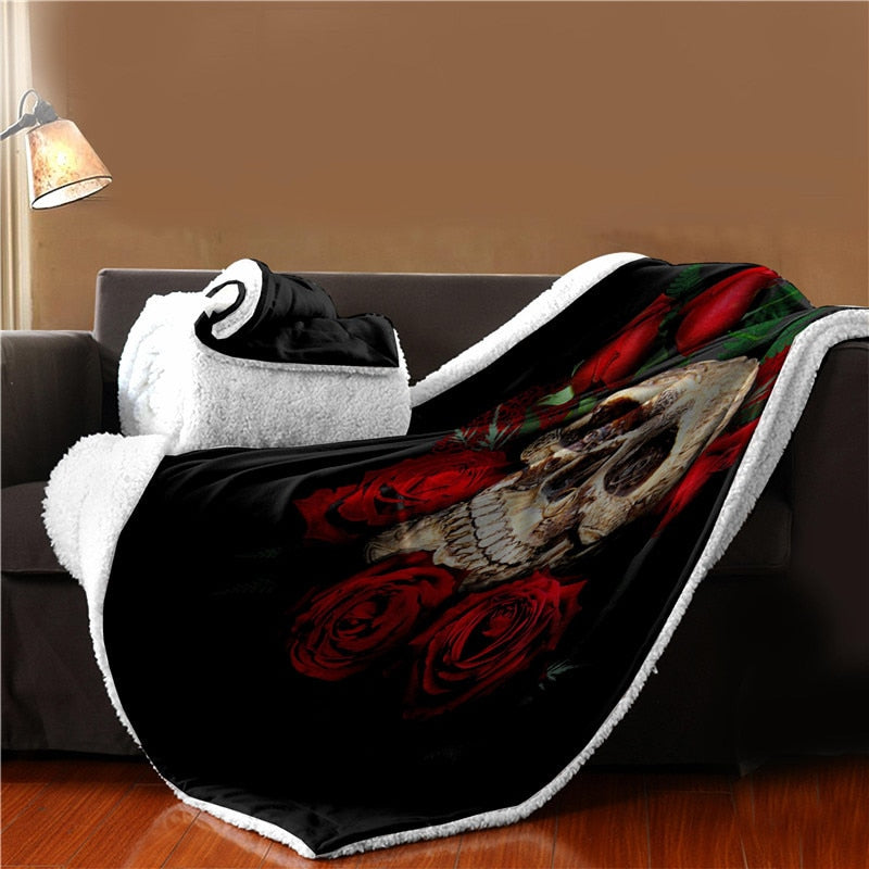 Red Rose Skull Blanket, Fleece Throw, Skull Head Blanket